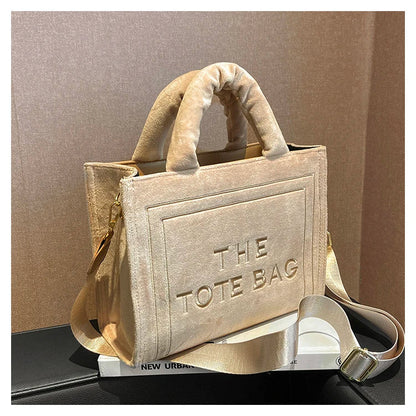 TrendAura Statement Tote Bag - Soft Velour With Original Letter Print, Spacious Interior, Square Tote, Optional Strap