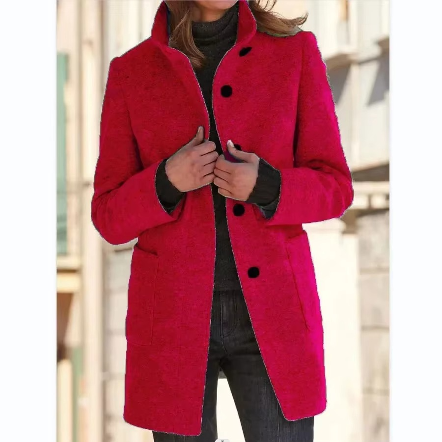 Spring 2025 Women’s Cotton Coat Black Stand Collar Casual Long Sleeve with Button Pockets