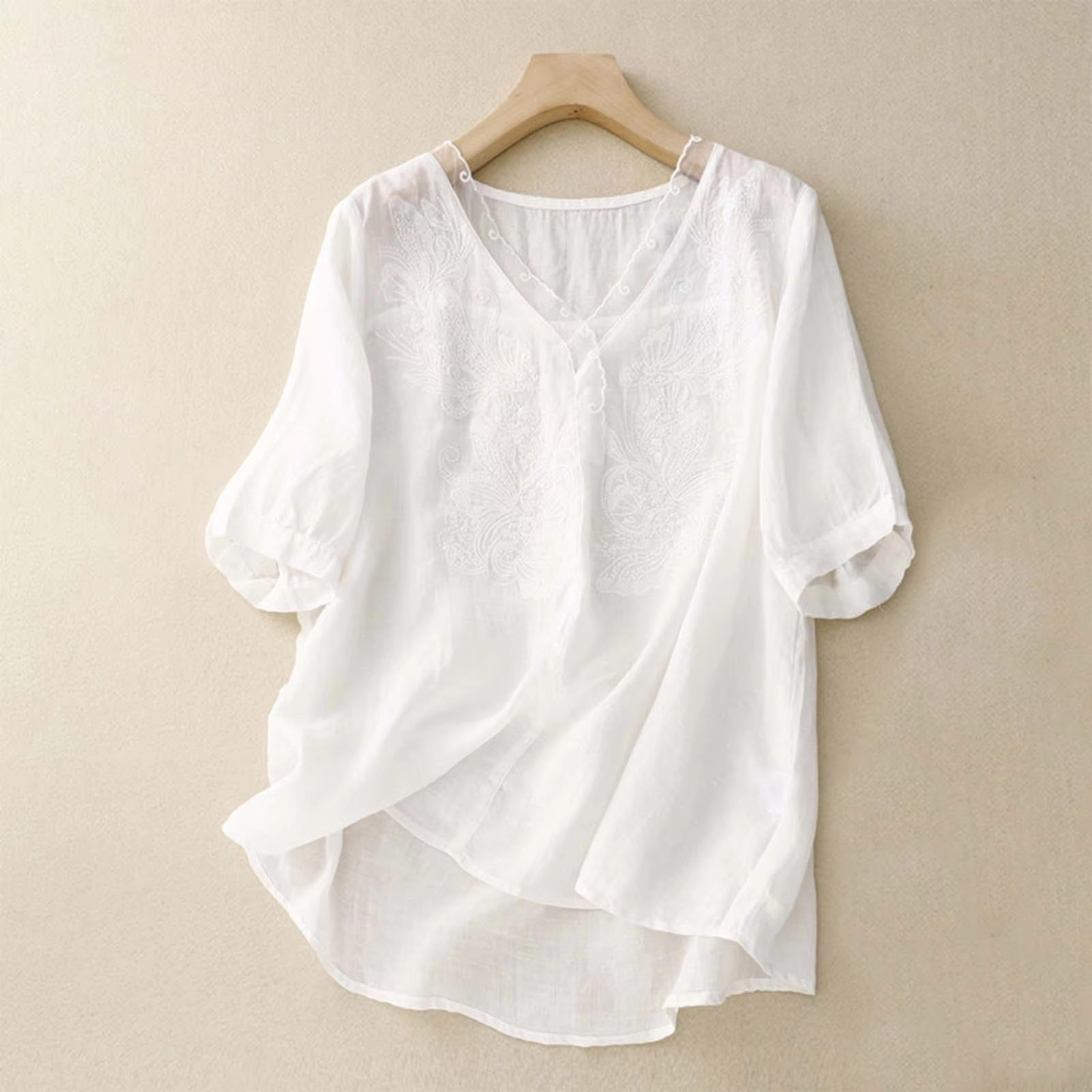 Vintage Cotton Linen V Neck Short Sleeve Summer Blouse for Women
