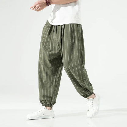TrendAura Premium Cotton Striped Trousers For Men With Pinstripe Detailing And Elastic Waistband