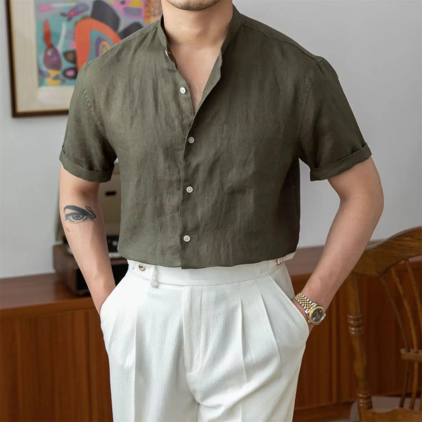 Men's Linen Shirt With Mandarin Collar Relaxed Fit Long Sleeve Button Closure TrendAura