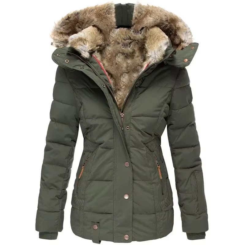 Women's Slim Fit Hooded Cotton Coat with Wool Collar