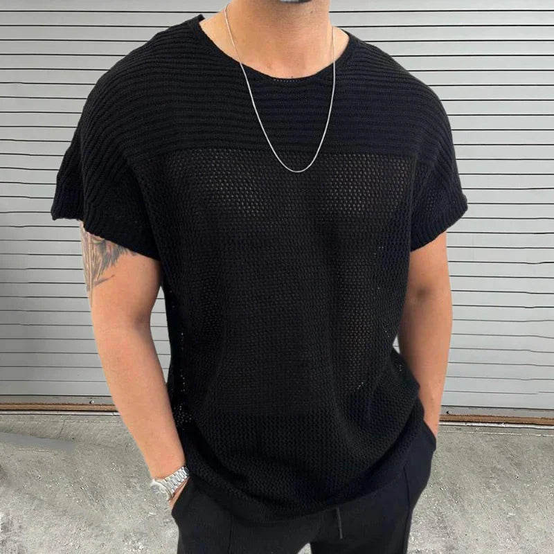 TrendAura Mesh Vibe O Neck Knit Tee For Men Breathable Lightweight Streetwear Summer Shirt