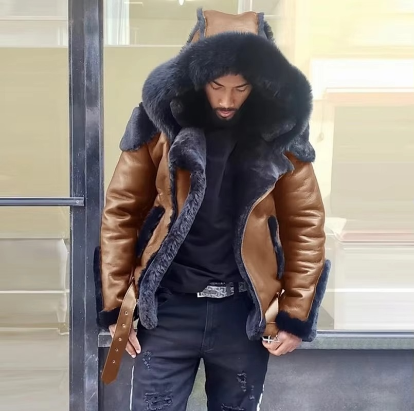 TrendAura Mens Winter Leather Jacket With Fur Collar And Wool Lining Heavyweight Warm Outerwear For Cold Weather