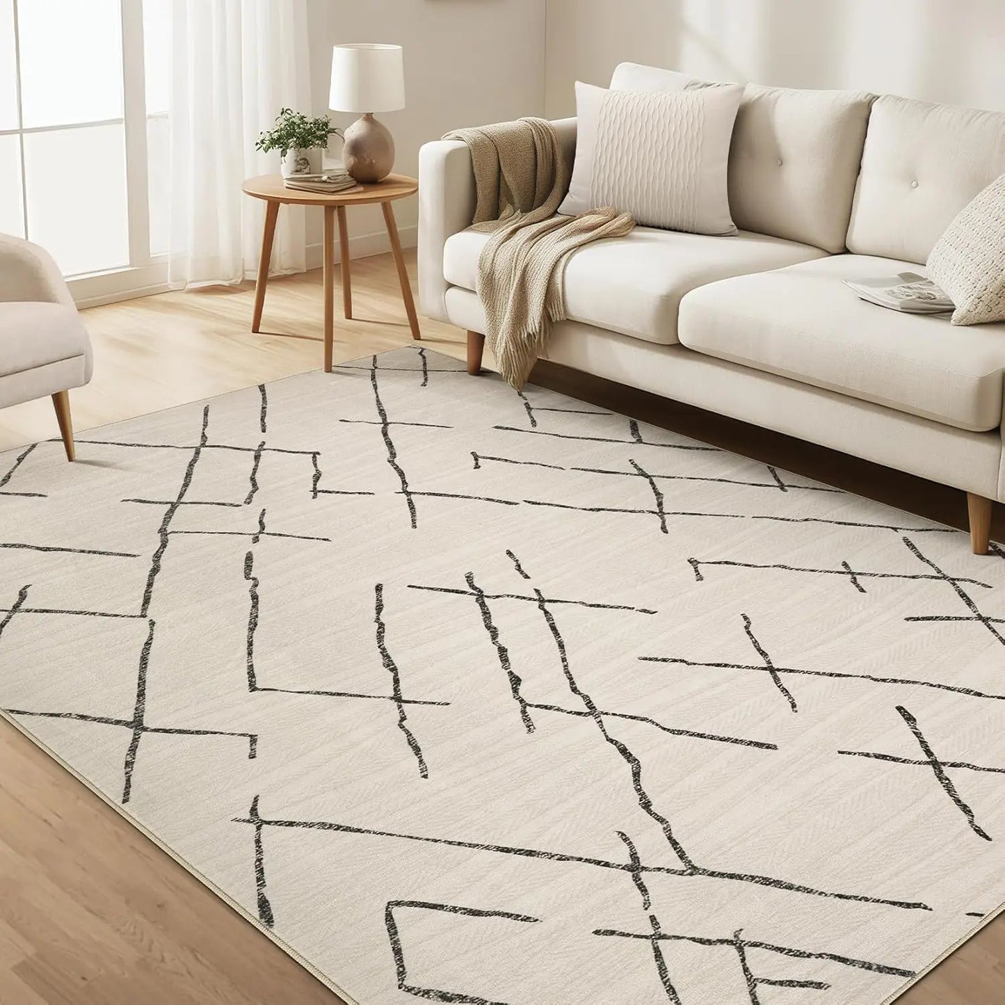 Washable Boho Farmhouse Bohemian Neutral Large Moroccan Geometric Soft No Slip Indoor Thin Floor Carpet for Bedroom Under Dining