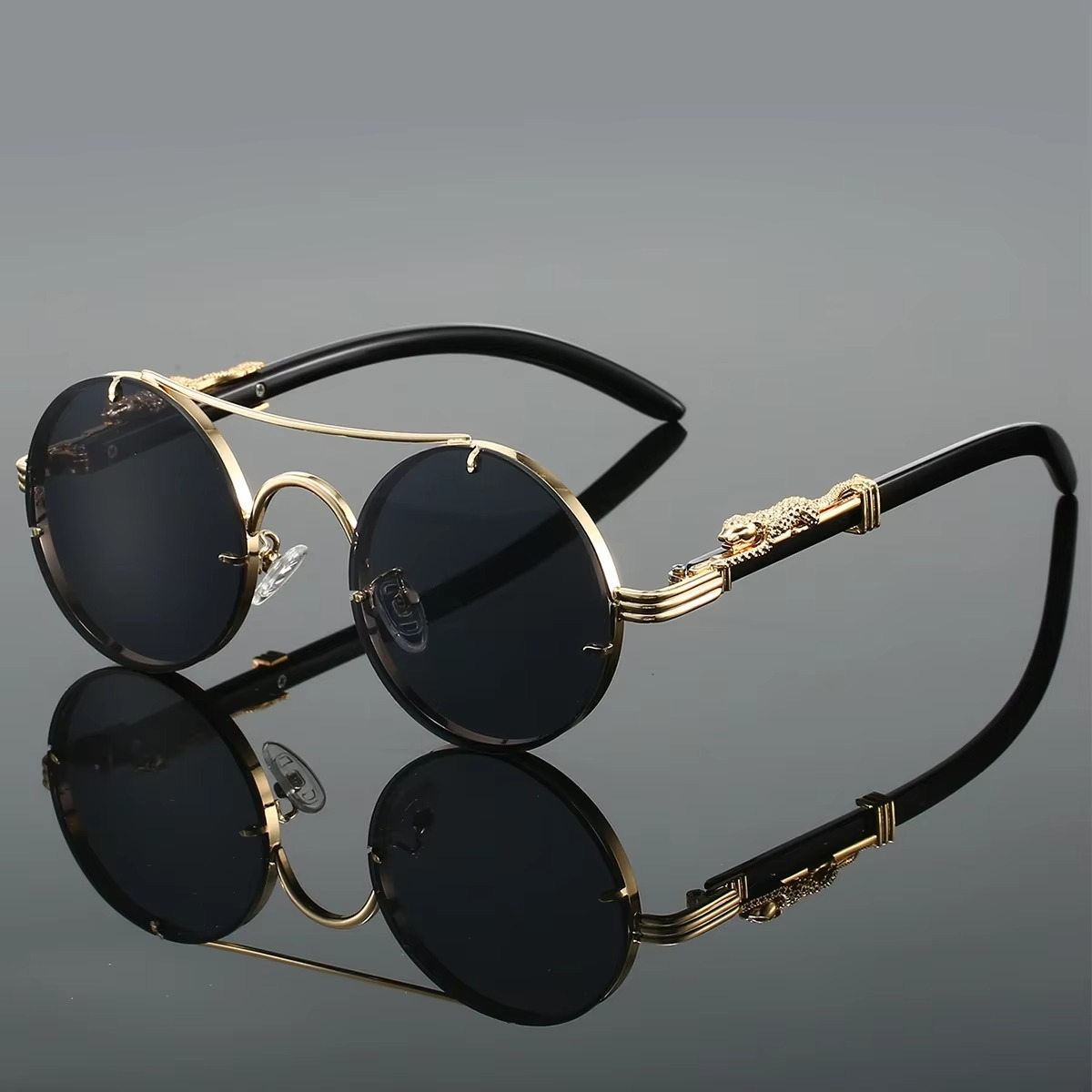 Vintage Round Sunglasses With Double Bridge Unisex Gold Tone Frame Red Tinted Lenses By TrendAura