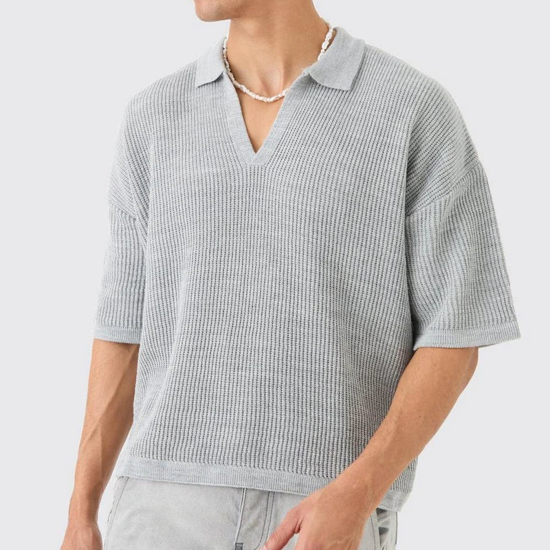 TrendAura Calloway Waffle Weave Polo Shirt for Men in Organic Cotton with Deep V Neck and Relaxed Fit