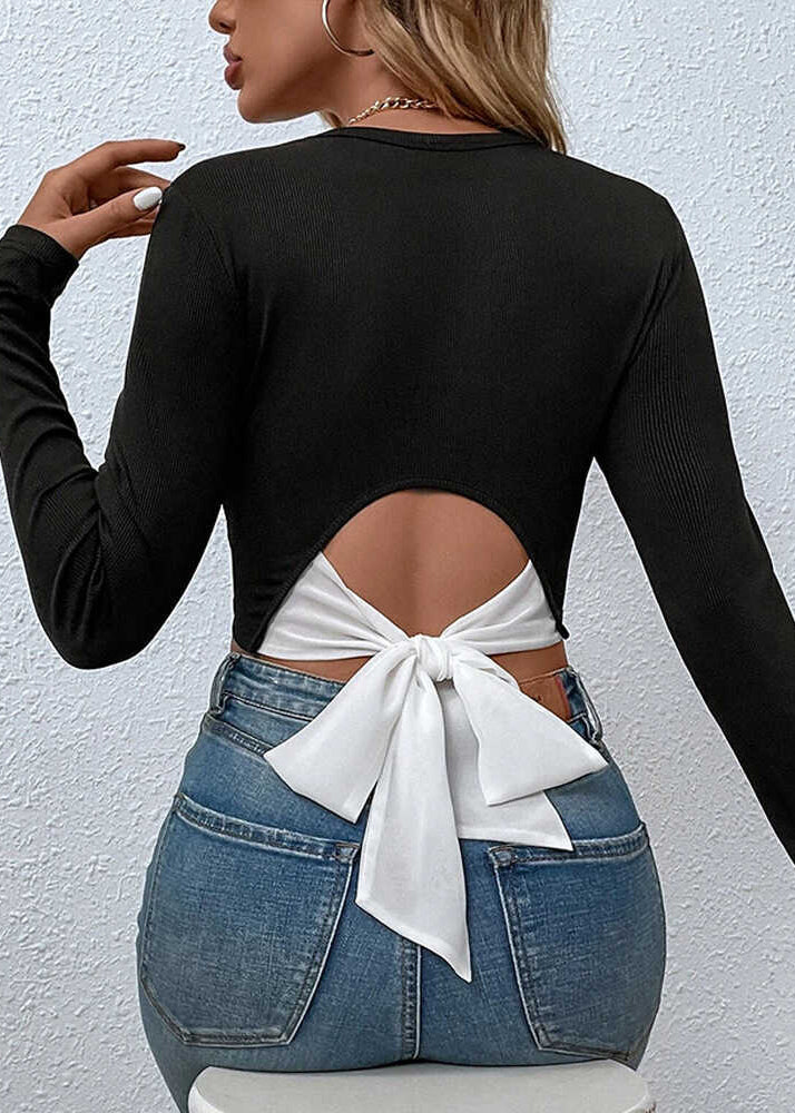 Hauts sexy en coton noir dos nu avec nœud pour le printemps - TrendAura