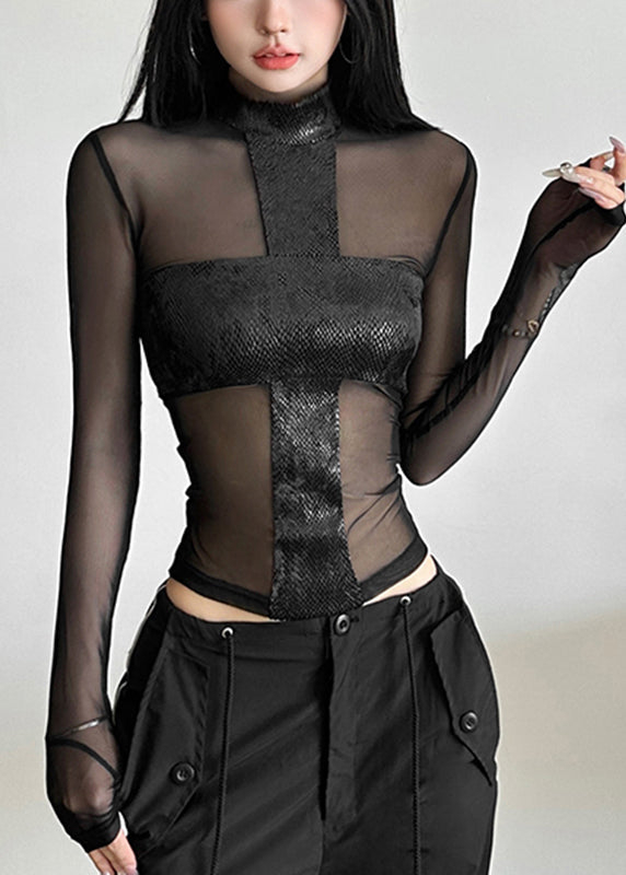 Haut sexy noir à col roulé en tulle transparent pour le printemps - TrendAura