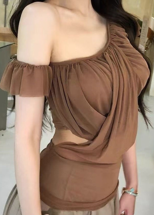 Haut asymétrique en tulle marron sexy à épaules dénudées pour l'été - TrendAura