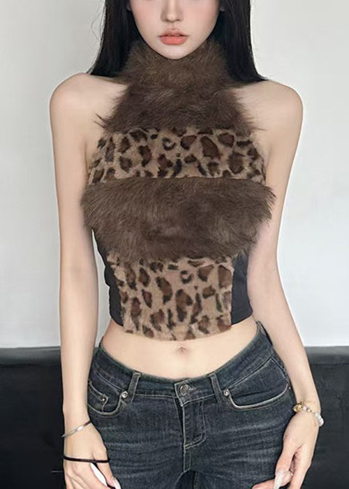 Débardeur sexy en patchwork léopard dos nu et duveteux pour l'été - TrendAura