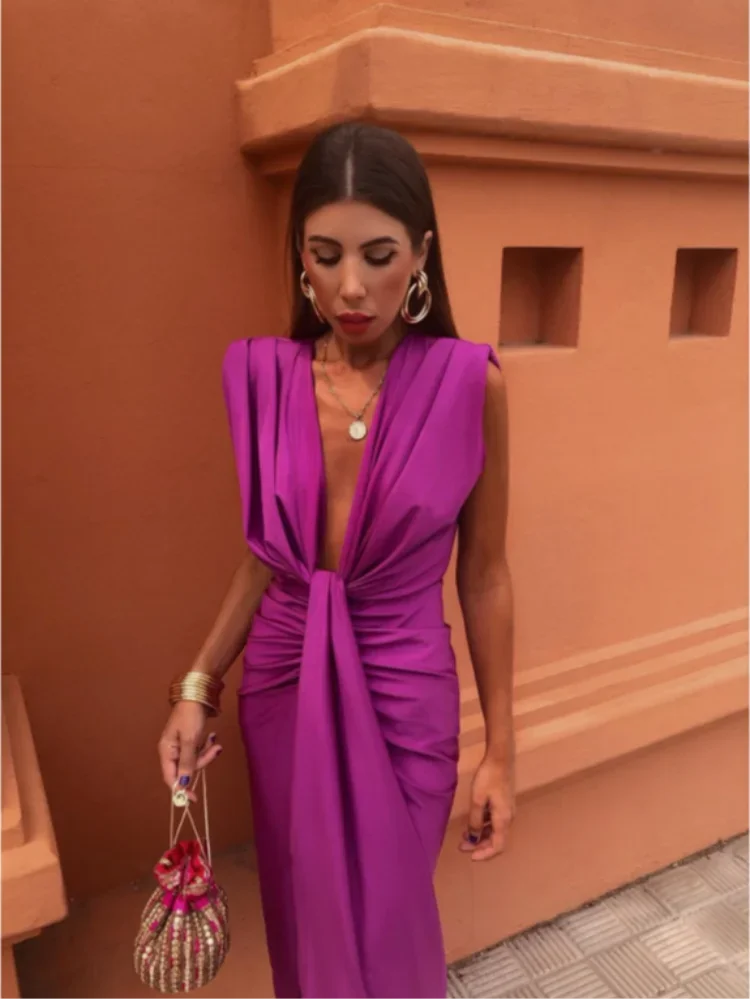 Women's Evening Dress - Elegant Twist-Knot Design - V-Neck - Slit - Festive & Stylish