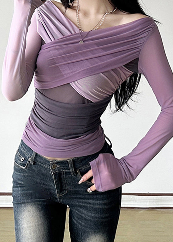 Haut sexy en tulle froissé violet à col bateau, printemps - TrendAura