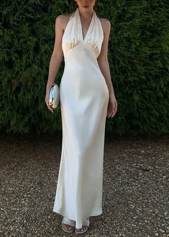 Robe longue sexy en soie à col en V et dos nu, sans manches - TrendAura
