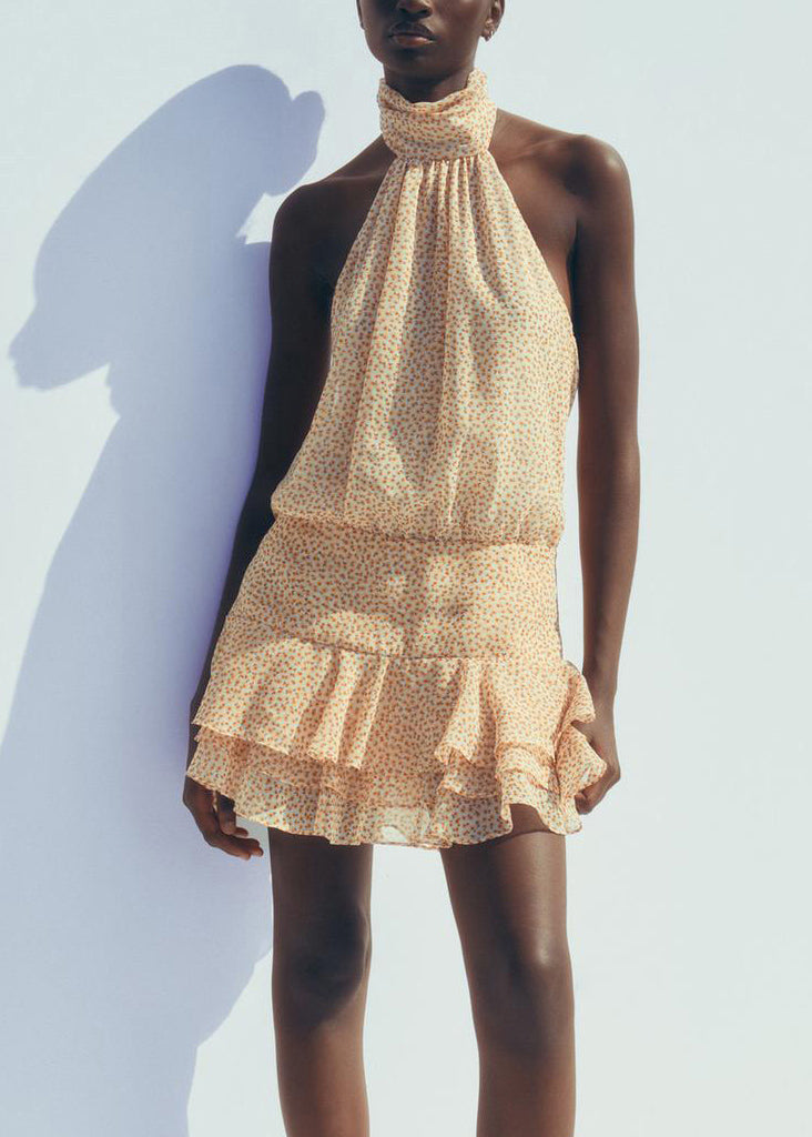 Robe sexy en mousseline de soie jaune dos nu à volants et imprimé sans manches - TrendAura
