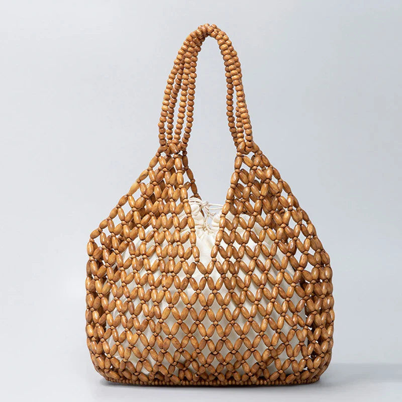 TrendAura Ava Woven Handbag Handcrafted Natural Wooden Bead Pattern For Summer Style