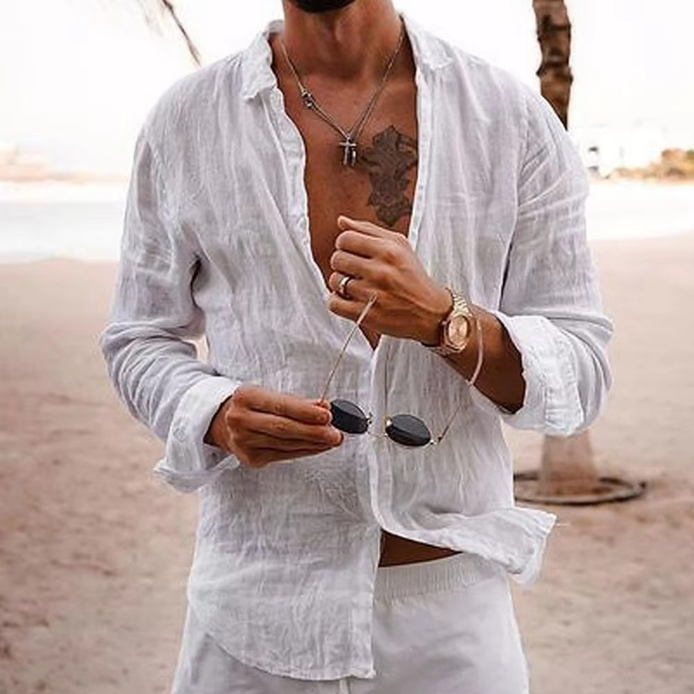 Men's Cotton Linen Casual Shirt Breathable Lightweight Loose Fit for Everyday and Vacation Wear
