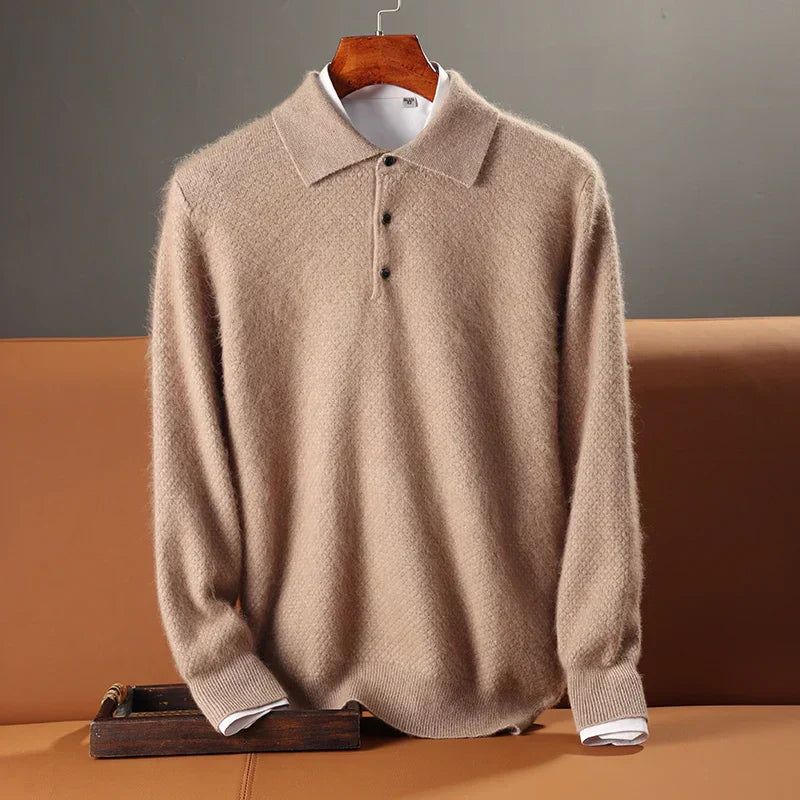 Men's Polo Wool Sweater Relaxed Fit Long Sleeve With Ribbed Edges And Button Closure Cozy
