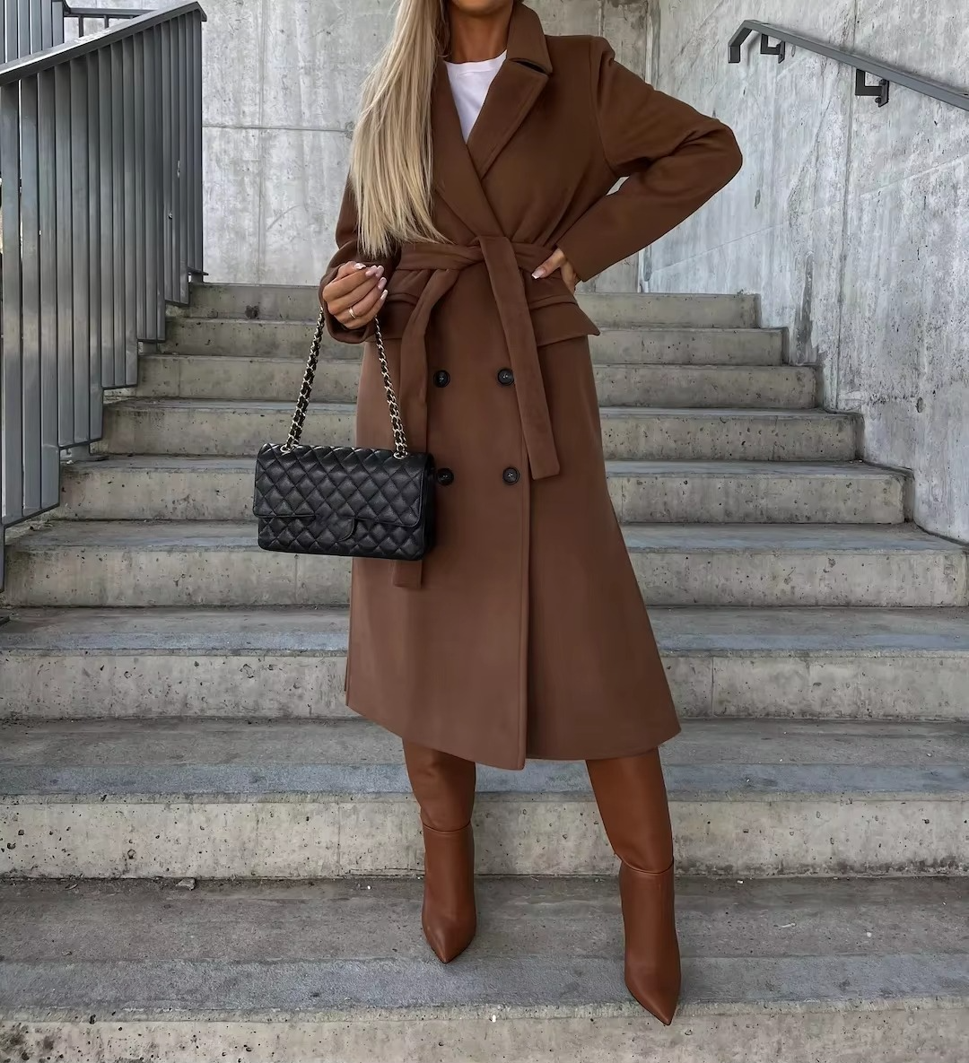 Women's Long Trench Coat | With Notched Collar & Button Placket