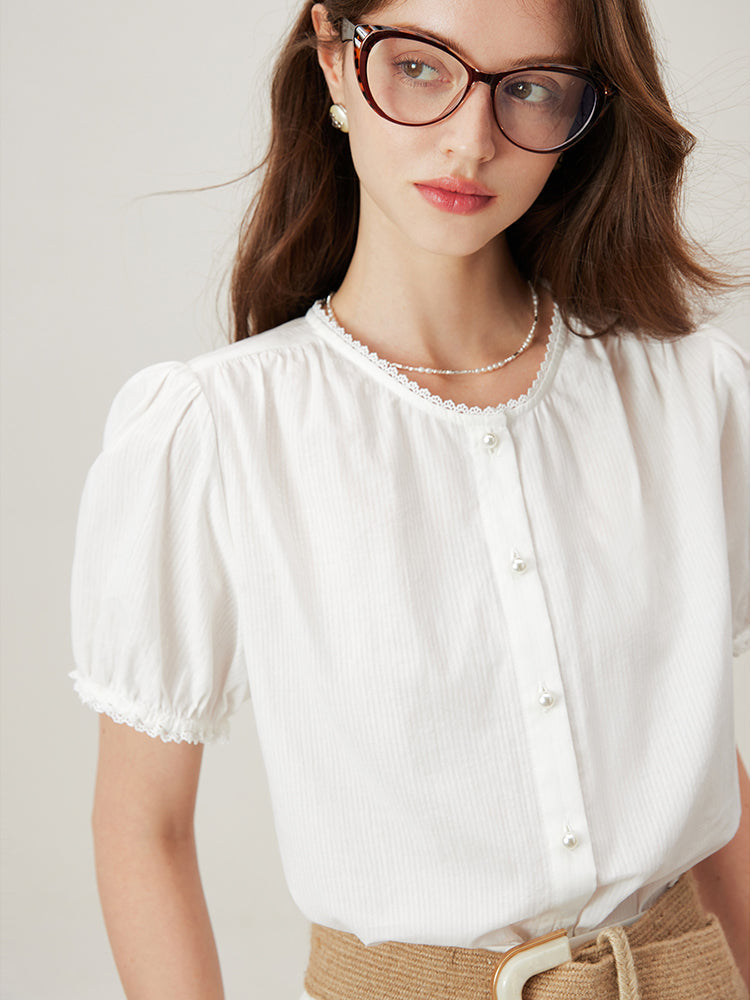 Amélie Violette Cotton Blouse With Pearl Embellishment And Ribbed Neckline Vintage Inspired For Women