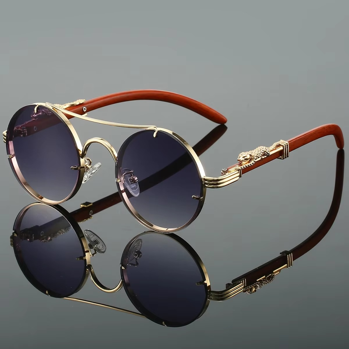 Vintage Round Sunglasses With Double Bridge Unisex Gold Tone Frame Red Tinted Lenses By TrendAura