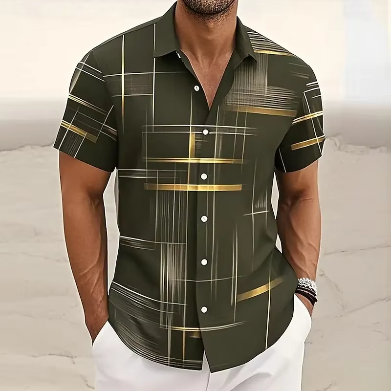 TrendAura Men's 3D Geometric Plaid Short Sleeve Button Down Shirt For Modern Casual Style