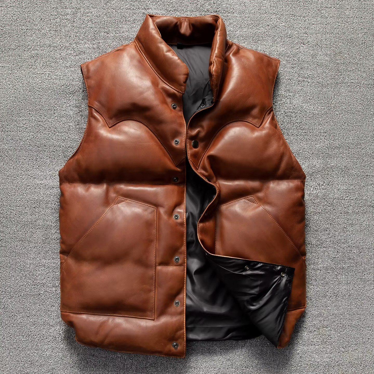 Mens Real Quilted Brown Leather Biker Vest