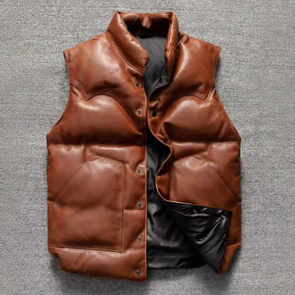 Mens Real Quilted Brown Leather Biker Vest