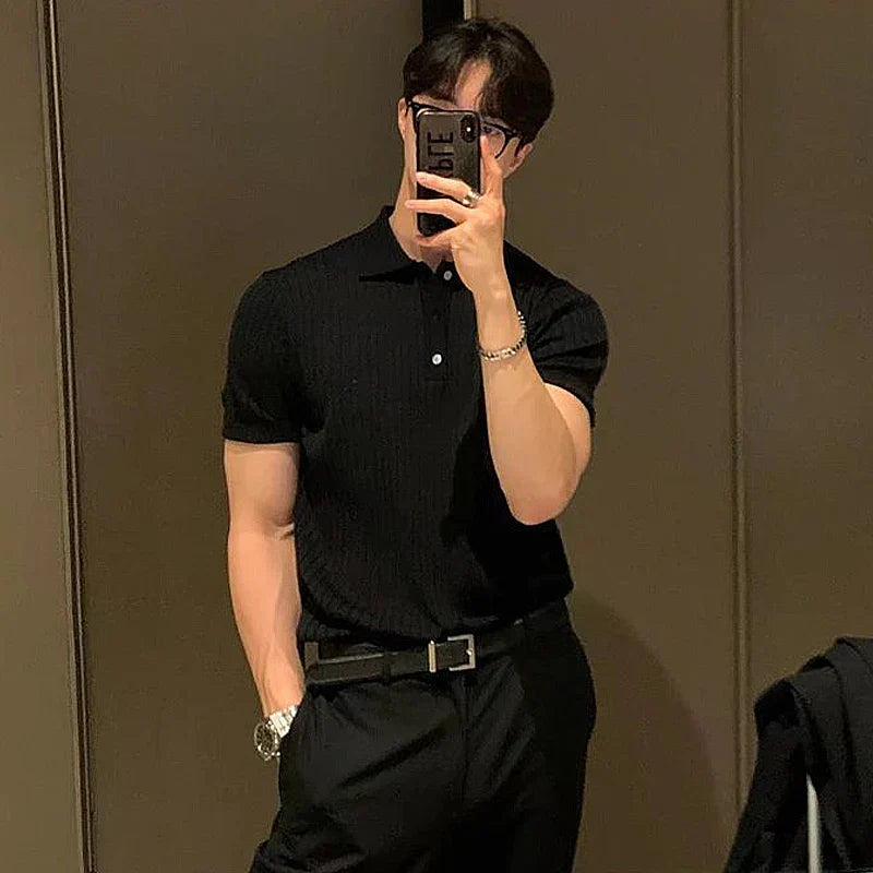 Men's Polo Shirt Slim Fit Ribbed Structure Short Sleeve Breathable Comfort For Everyday Wear