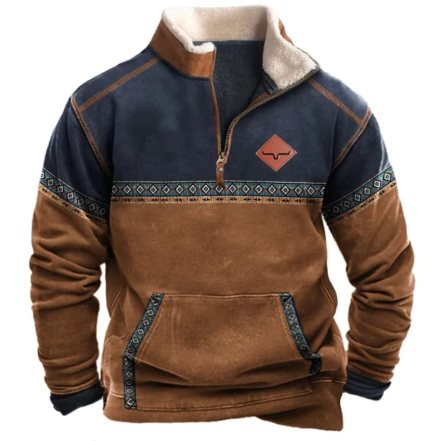 Men's Retro 3D Printed Hooded Jacket With Leather Collar And Zipper Closure For Cold Weather