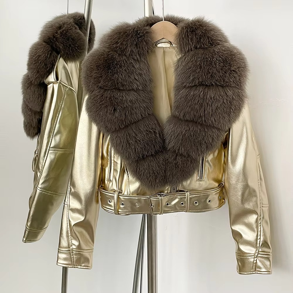 Women's Faux Leather Coat with Faux Fur Collar — Elegant Warmth for the Cold Season