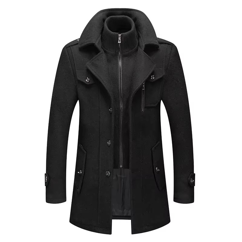 TrendAura Men's Mid Length Wool Trench Coat With Double Collar Zipper Overcoat For Fall And Winter