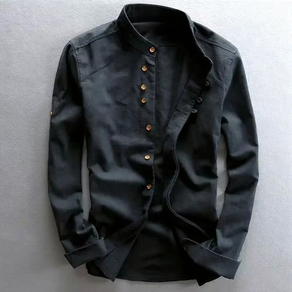 TrendAura Men's Cotton Linen Stand Collar Shirt Retro Chinese Style Long Sleeve Top Sizes M Through 7XL