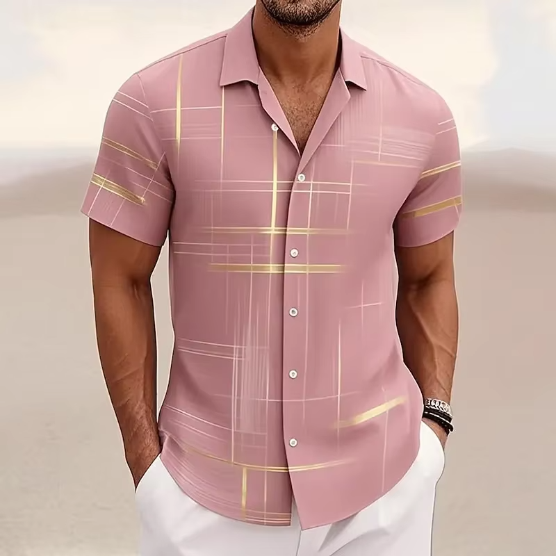 TrendAura Men's 3D Geometric Plaid Short Sleeve Button Down Shirt For Modern Casual Style