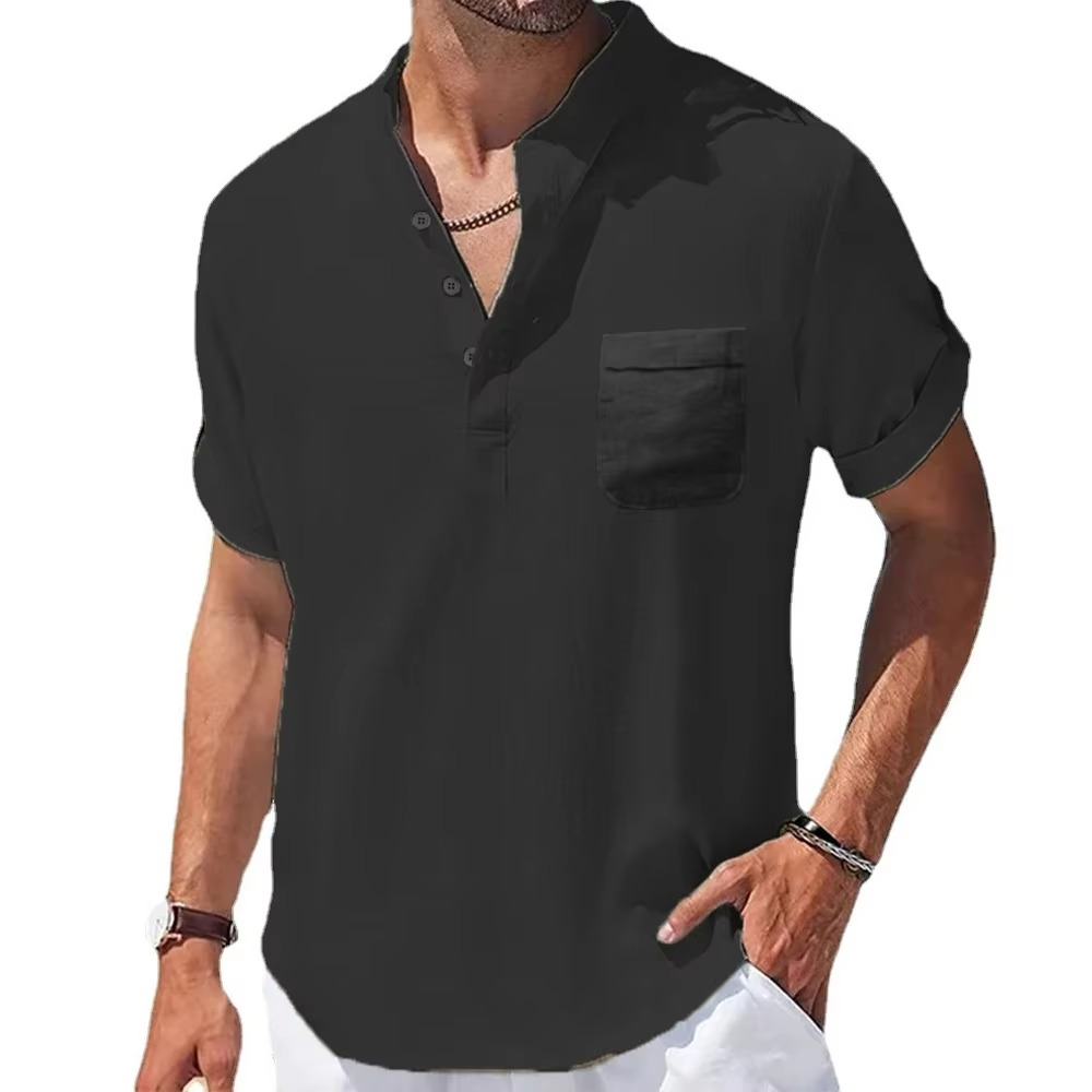 Men's Summer Cotton Linen Henley Shirt Short Sleeve Casual Breathable Navy Top Lightweight
