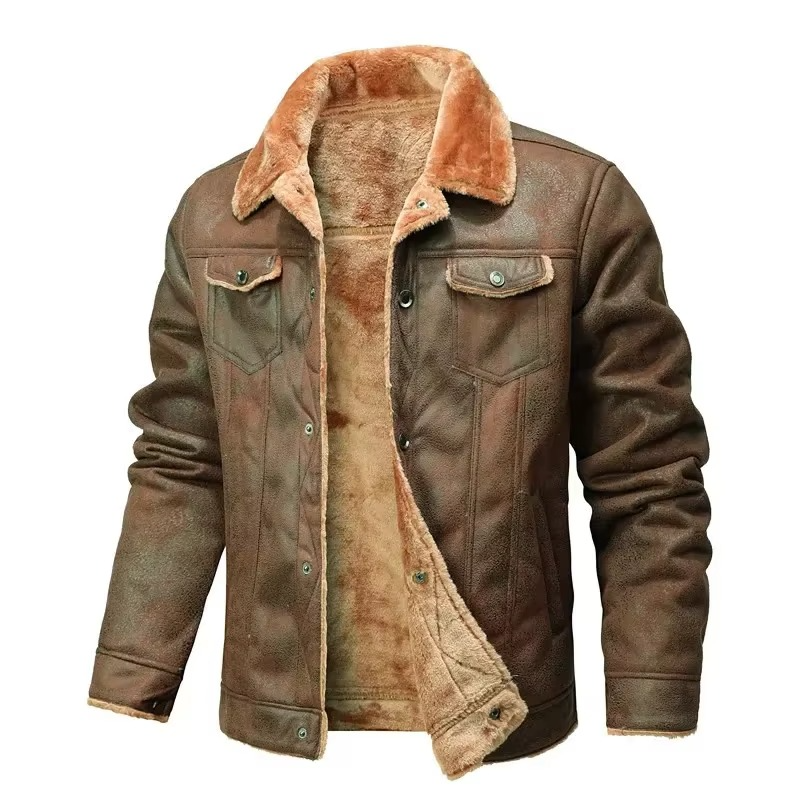 TrendAura Mens Winter Suede Leather Coat With Thick Fleece Lining And Turn Down Collar