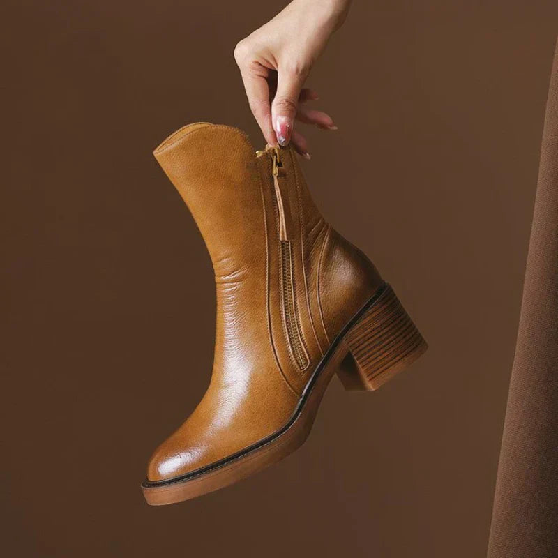 Women's Ankle Boots with Block Heel and Side Zip - TrendAura