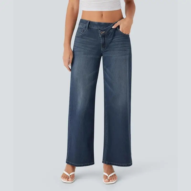 TrendAura Serenity Baggy Wide-Leg Jeans - Relaxed Comfort, Vintage Wash, Low Rise