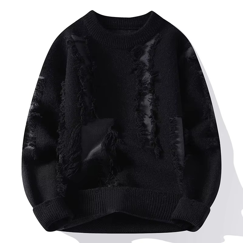 Men's Distressed Ripped Knit Patchwork Sweater Loose Fit Crew Neck Pullover TrendAura