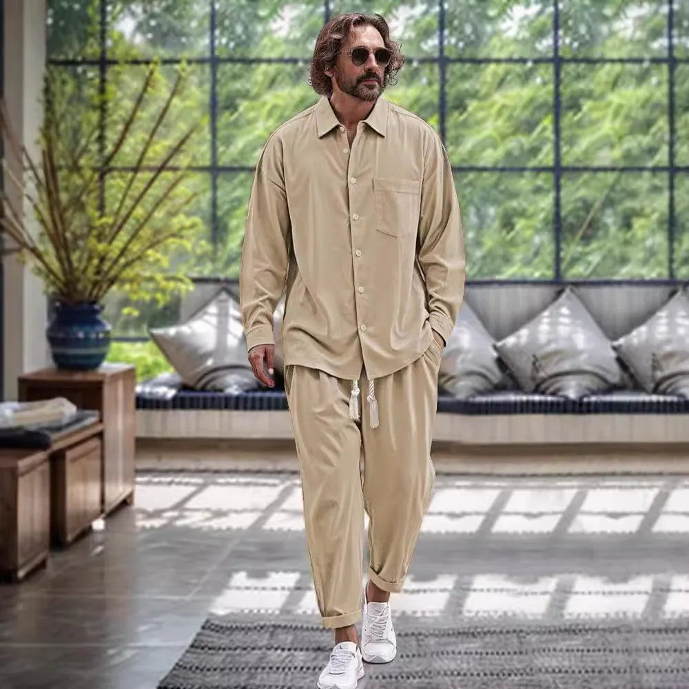 Thierry | Fashionable men's set of linen shirt and pants for spring