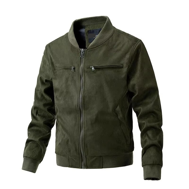 Mens Autumn Winter Suede Jacket With Stand Collar Zipper Front And Lightweight Cotton Lining