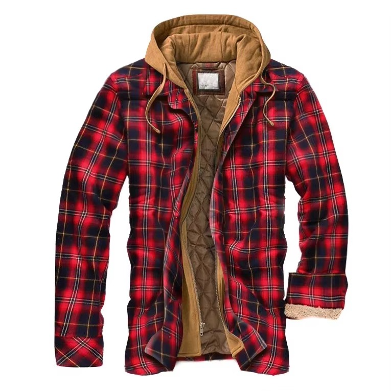 TrendAura Mens Patchwork Checkered Cotton Hooded Jacket Thick Warm Casual Coat American Flag Design Sizes S To 5XL