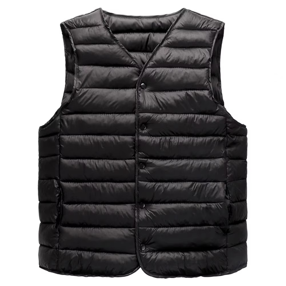Men's Padded V-Neck Vest With Pockets - Solid Color Warm Waistcoat For Casual Office Wear