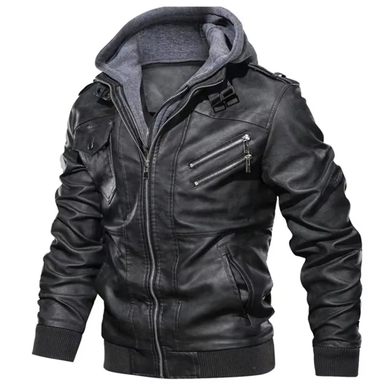 TrendAura Mens Hooded PU Leather Biker Jacket Zip Up Streetwear Coat For Spring And Fall