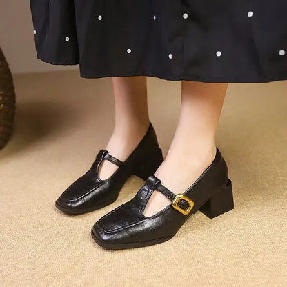 Women's Square Toe Mary Jane Heels with Block Heel and Gold Buckle