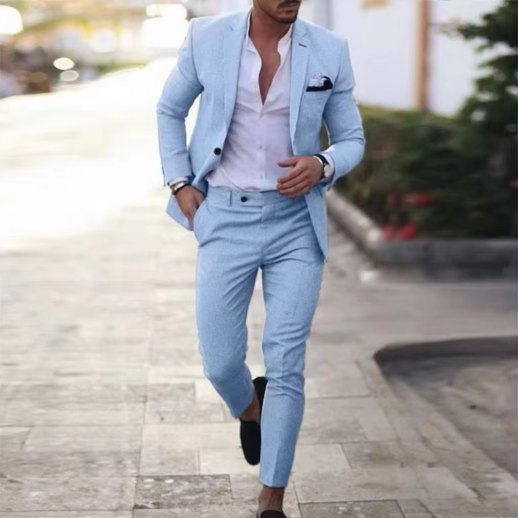 TrendAura Men's Breathable Linen Two Piece Blazer And Pants Suit Set For Weddings Beach Parties Summer Events