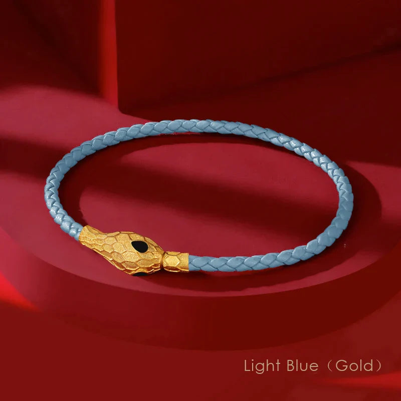Aspis Viper Handwoven Leather Bracelet with Gold Tinted Serpent Clasp for Men and Women