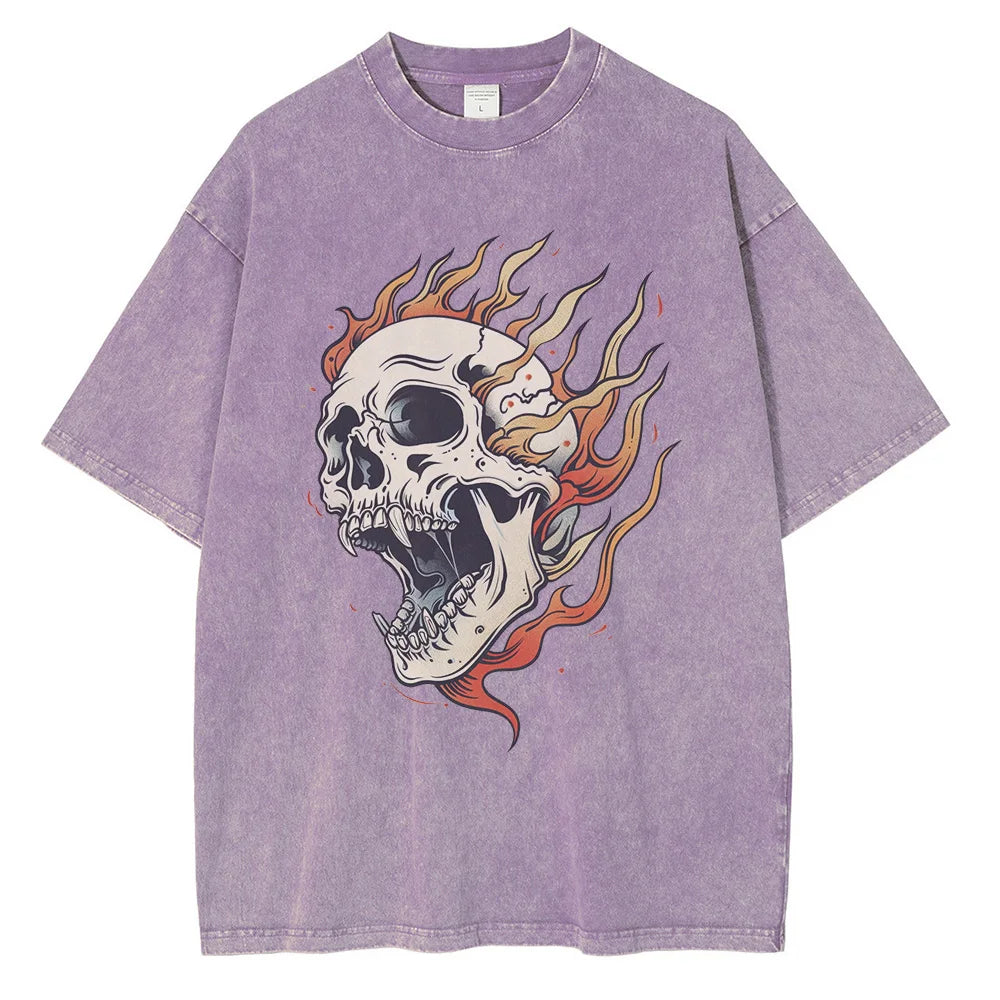 TrendAura Bone Blaze Acid Wash Skull Tee With Flame Graphic Oversized Heavyweight One Hundred Percent Cotton