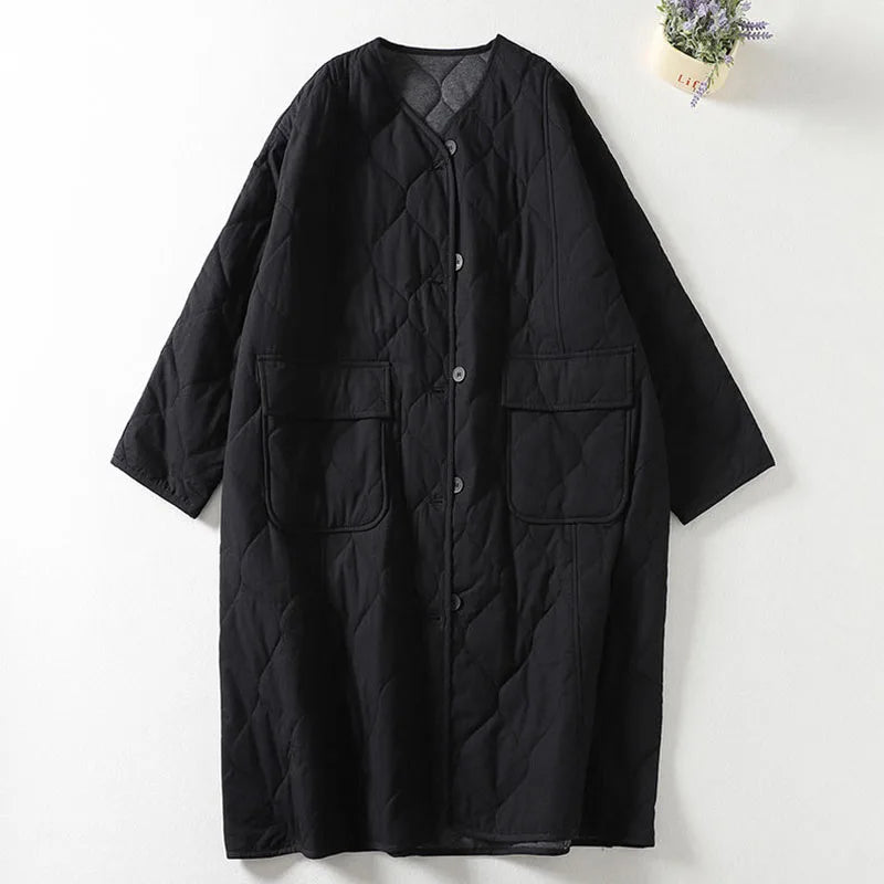 Women’s Coat - Quilted - Oversized Relaxed Fit - Longline - Collarless V-Neck