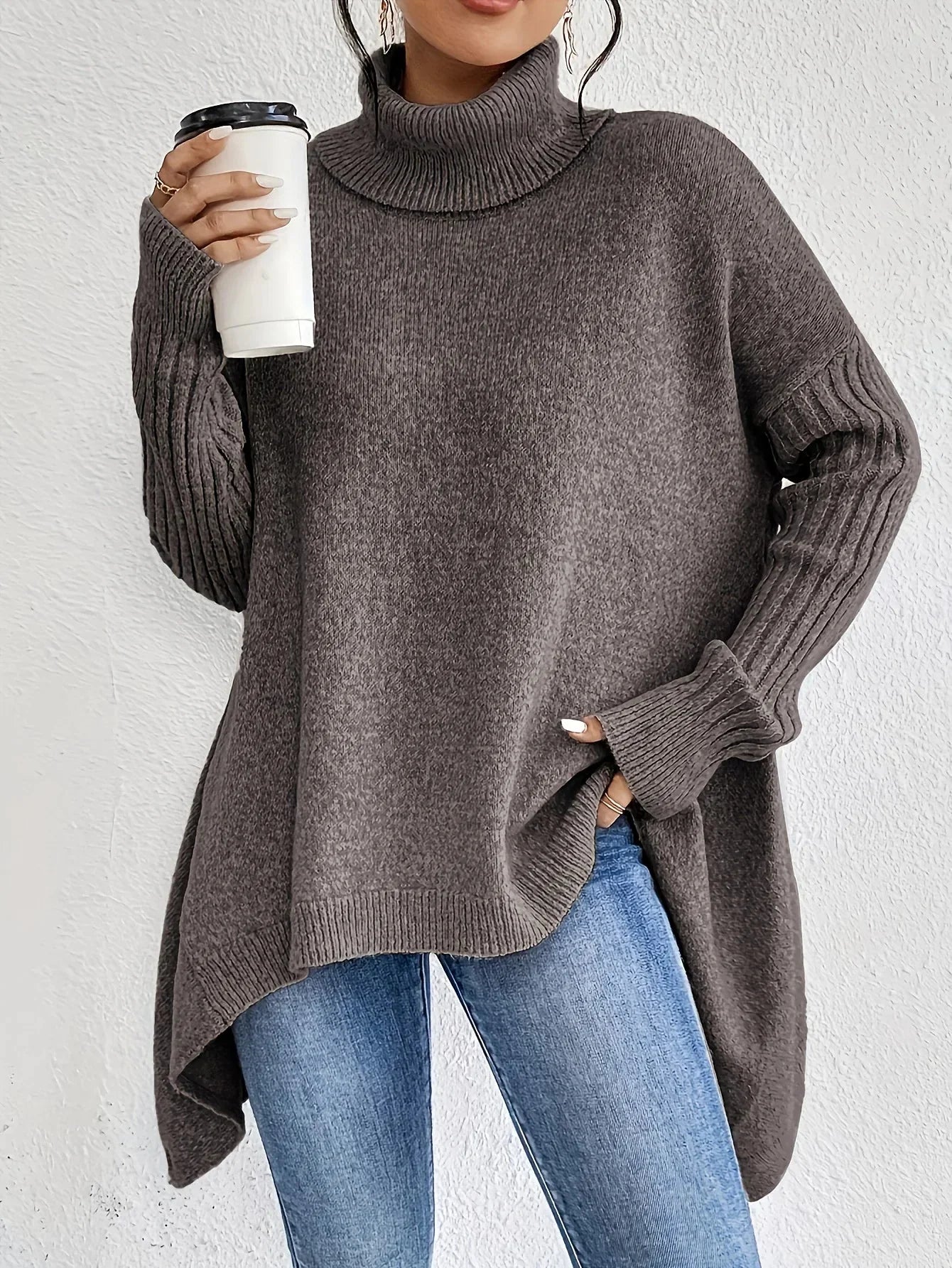 Relaxed Fit Asymmetrical Hem Turtleneck Sweater for Women – Cozy & Stylish Comfort